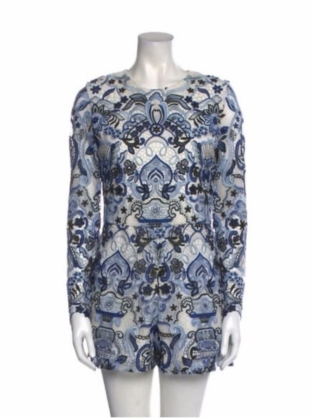 Alexis Blue and White Embroidered Long-Sleeve Romper